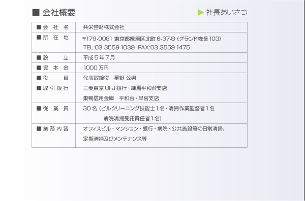 会社概要。会社名：共栄管財株式会社。所在地：東京都練馬区平和台2-21-9。電話：03-3559-1039。FAX：03-3559-1475。設立：㍻5年7月。資本金：1000万円。役員：代表取締役　星野公男。取引銀行：三菱東京UFJ銀行練馬平和台支店、巣鴨信用金庫平和台・早宮支店。従業員：30名（ビルクリーニング技能士1名・清掃作業監督者1名・病院清掃受託責任者1名）。業務内容：オフィスビル・マンション・銀行・病院・公共施設等の日常清掃、定期清掃およびメンテナンス等。
